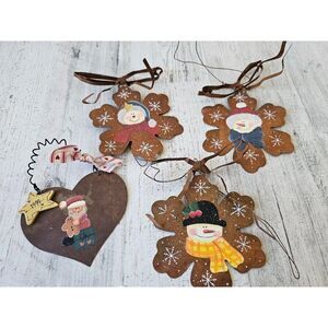 Metal rustic snowflake snowman Santa ornament set